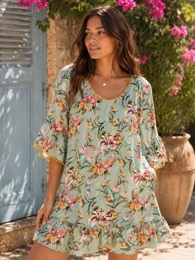 Uncle Frank Floral Mini Dress in Light Sage with Pink and Yellow Blooms